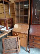 VINTAGE NARROW BUREAU BOOKCASE & TWO FOLDING ADJUSTABLE CANEWORK CHAIRS (3)