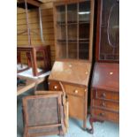 VINTAGE NARROW BUREAU BOOKCASE & TWO FOLDING ADJUSTABLE CANEWORK CHAIRS (3)