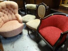 FOUR SUNDRY BEDROOM CHAIRS including tub style with carved frame, Victorian walnut salon chair,