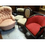 FOUR SUNDRY BEDROOM CHAIRS including tub style with carved frame, Victorian walnut salon chair,