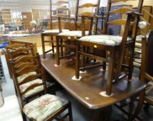 ERCOL DARKWOOD DINING TABLE & 4+2 ERCOL LADDER BACK CHAIRS WITH DROP-IN SEATS