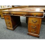 REPRODUCTION MAHOGANY WRITING DESK, two banks of three drawers, three further frieze drawers, gilt