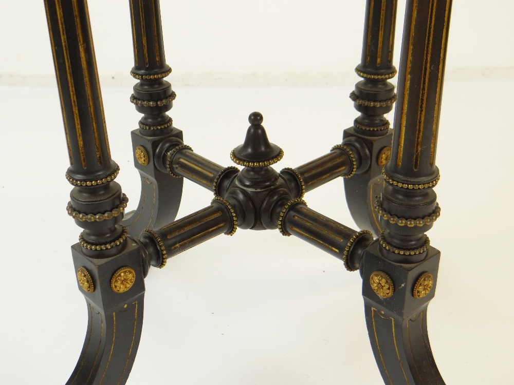 VICTORIAN EBONIZED, PARCEL GILT & GILT METAL MOUNTED HEXAGONAL OCCASIONAL TABLE, parquetry border, - Image 2 of 4