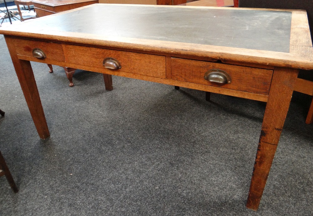 VINTAGE OAK & SIMULATED LEATHER INSERTED THREE-DRAWER DESK, 152 x 91cms Condition Report: overall