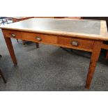 VINTAGE OAK & SIMULATED LEATHER INSERTED THREE-DRAWER DESK, 152 x 91cms Condition Report: overall