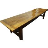 LARGE ANTIQUE JOINED OAK REFECTORY TABLE, four plank top with cleated ends above edge moulded frieze