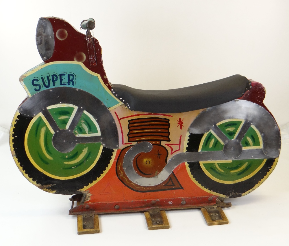 PAINTED WOODEN & METAL FAIRGROUND CAROUSEL MOTORCYCLE 'SUPER', standing on three feet, complete with