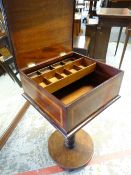 MARQUETRY & INLAID MAHOGANY SEWING TABLE ON A TURNED & CIRCULAR BASE