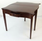 GEORGE III SERPENTINE MAHOGANY GATE LEG TEA TABLE, fitted frieze drawer and inlaid satinwood lozenge