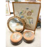 NEEDLEWORK FIRE SCREEN, TWO VICTORIAN FOOT STOOLS & A CIRCULAR GILT FRAMED WALL MIRROR