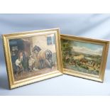 2 NICELY FRAMED COLOURED PRINTS-1-Haymaking scene with numerous figures, 32x47cms and 2-stable scene