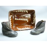 CHILD'S VINTAGE LEATHER BOOTS and an antique slipware dish (chipped and cracked)