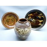 SLIPWARE DECORATED POTTERY x 3 including a globular vase, 24.5cms high decorated with birds, an