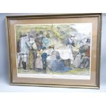 VICTORIAN COLOUR TINTED PRINT titled 'Afternoon Tea at a Lawn Tennis Club Tournament' by E F
