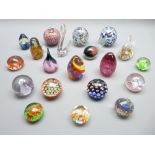 VINTAGE GLASS PAPERWEIGHTS x 20 including millefiori, bird and animal forms and other colourful