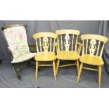 VINTAGE-STYLE WINDSOR ARM CHAIR ROCKER & THREE LIGHTWOOD FARMHOUSE-STYLE CHAIRS various