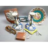 MIXED CRATE OF COLLECTABLES including a pair of porcelain candlesticks, vintage letterbox, Vienna