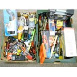 HAND TOOLS, ratchet driver and socket sets, various other garage and workshop tools (in two boxes)
