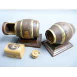 MAUCHLINE WARE TAPE MEASURE CASKET & TWO BRASS BOUND TREEN BARRELS ON STANDS
