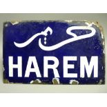 VINTAGE ENAMEL SIGN TITLED 'HAREM', 16 x 25.5cms (some rust and chipped losses)