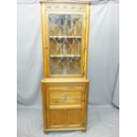 PRIORY-STYLE OAK CORNER DISPLAY CABINET with leaded glass upper door, 183cms high x 69cms wide