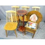 VINTAGE & LATER FURNITURE PARCEL including 4 stick back chairs, oak sewing table and contents etc
