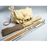 SMALL QUANTITY OF FISHING GEAR including a personalized three piece bamboo salmon fly rod, a