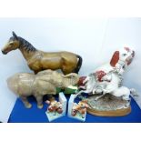 ORNAMENTAL ANIMAL FIGURINES: A QUANTITY including a large plaster horse, a pair of fawn bookends
