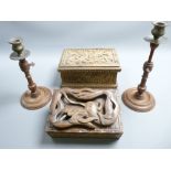 WOODEN CANDLESTICKS & TWO CARVED BOXES, turned candlesticks with extending stems, plated copper