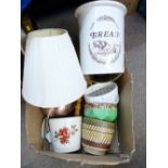 VARIOUS PLANTERS, TABLE LAMPS & A BREAD CROCK