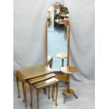 VINTAGE OAK CHEVAL MIRROR, set of 3 occasional tables and a circular top stand