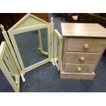 THREE-DRAWER BEDSIDE CHEST & A TRIPLE DRESSING TABLE MIRROR various measurements