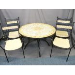 MOSAIC-EFFECT CONSERVATORY SUITE of circular topped table and four armchairs with upholstered seat