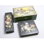 DECORATIVE BOXES x 3 including a green jewellery box with printed top decoration and two floral