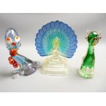 ITALIAN-TYPE & OTHER ORNAMENTAL GLASS ANIMALS including an interesting moulded glass peacock with