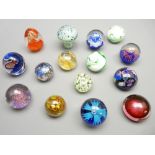 COLOURFUL VINTAGE GLASS PAPERWEIGHTS x 15 with various bubble, splash and swirl inclusions