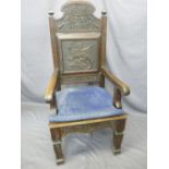 OAK EISTEDDFOD CHAIR with carved detail including a central dragon panel below the words 'Eisteddfod