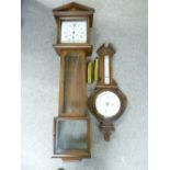 REPRODUCTION VIENNA-TYPE WALL CLOCK & AN OAK FRAMED BAROMETER WITH THERMOMETER the clock twin weight