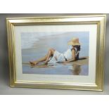 LOUIS RIBAS-COLOURED PRINT, lady reclining on a beach -'Contemplation', 37x58cms