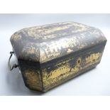 ORIENTAL BLACK LACQUER & GILT CHINOISERIE DECORATED LIDDED BOX with brass carry handles, 29cms