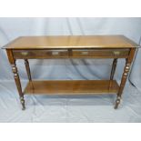 EDWARDIAN MAHOGANY SERVER TABLE the cleated end rectangular top over two frieze drawers with cutlery