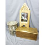 EASTERN HEXAGONAL BONE & MOTHER-OF-PEARL INLAID TABLE, lidded pine box, Gothic-style stripped pine