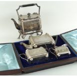 CASED THREE-PIECE VICTORIAN SILVER TEA SET & MATCHING EPNS SPIRIT KETTLE & STAND with conforming