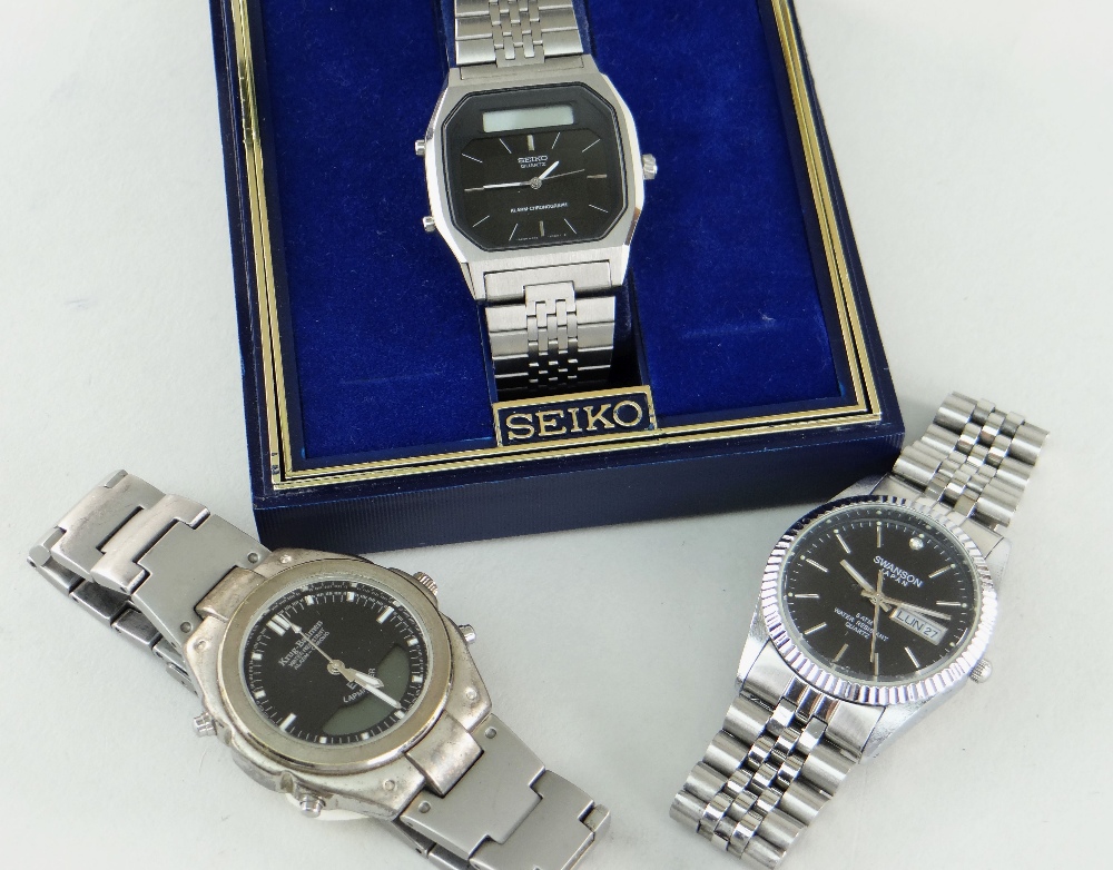 THREE MODERN WRISTWATCHES including Seiko Quartz alarm chronograph with box and papers, Swanson