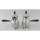 PAIR OF LATE VICTORIAN SILVER CHOCOLATE POTS, Sheffield 1887, by Howell & James Limited, half fluted