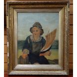 T C HUGHES oil on canvas - boy at the seashore in Sou'wester hat, a holding model yacht, signed