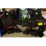 PAIR OF ORIENTAL INLAID HARDWOOD BUFFALO MODELS WITH RIDERS (2)