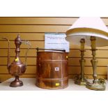 TWO ITEMS OF COPPERWARE & A PAIR OF HEAVY GILT METAL TABLE LAMPS including a copper and brass