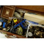 COLLECTION OF WATCH MAKERS WORKSHOP ITEMS contained within a suitcase and two boxes, including watch
