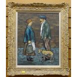 CHARLES M JONES oil on canvas - two standing figures in the street with dog, signed, 49 x 39cms